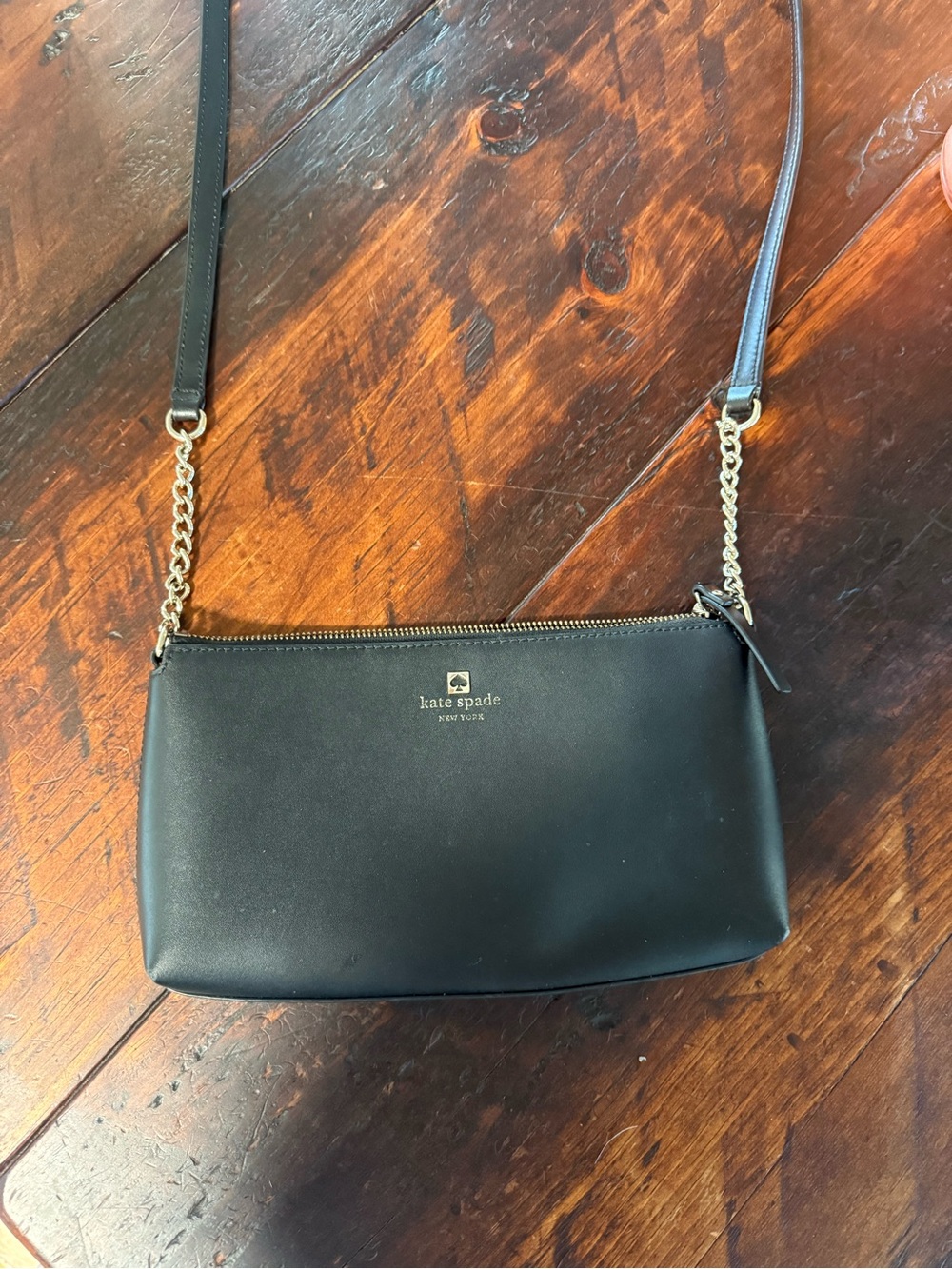 kate spade Black Leather Crossbody with Gold Chain Accents